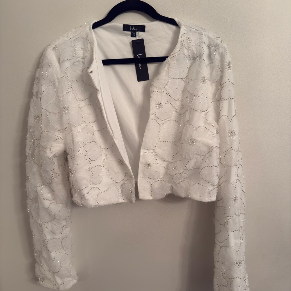 Lulu's White Beaded Floral Cropped Jacket